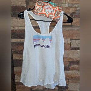 Patagonia White Tank with Pastel Mountain Logo And Bonus 🫧 Bubble clutch.
